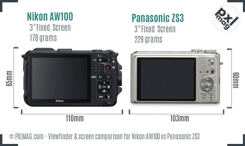 Nikon AW100 vs Panasonic ZS3 Screen and Viewfinder comparison