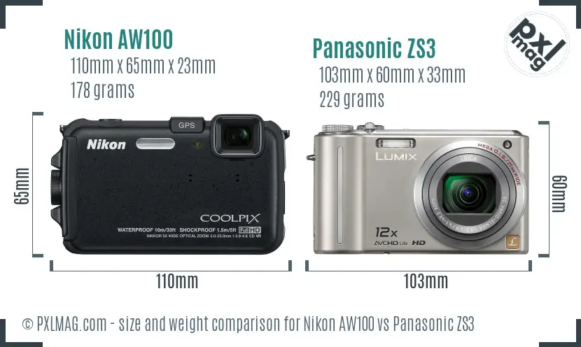 Nikon AW100 vs Panasonic ZS3 size comparison