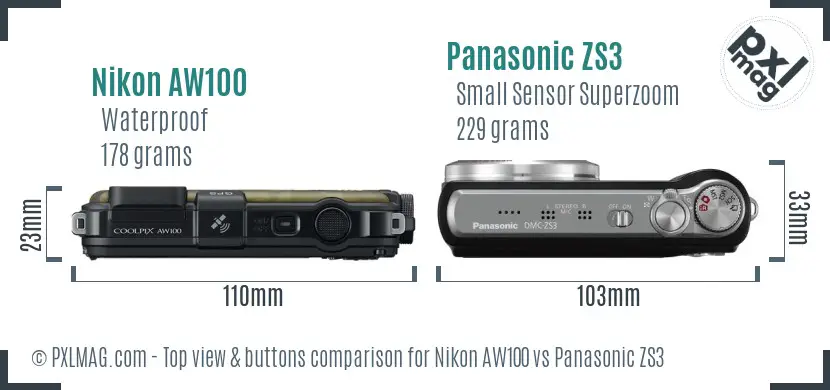 Nikon AW100 vs Panasonic ZS3 top view buttons comparison