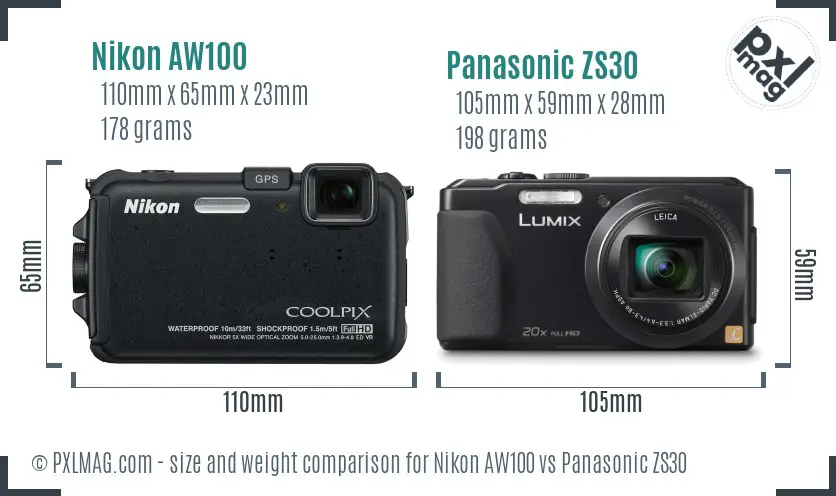 Nikon AW100 vs Panasonic ZS30 size comparison