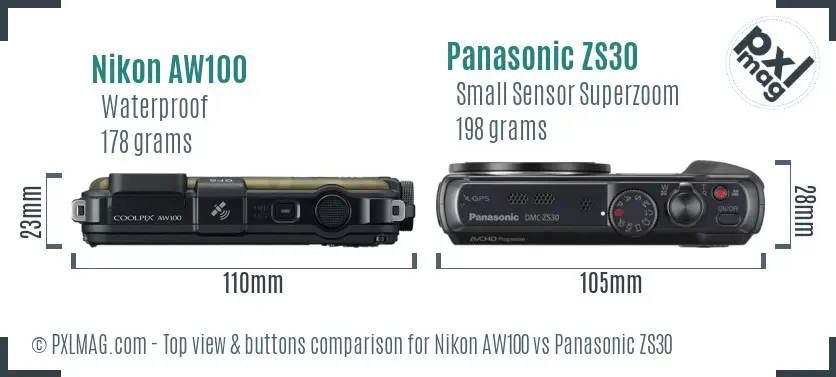 Nikon AW100 vs Panasonic ZS30 top view buttons comparison