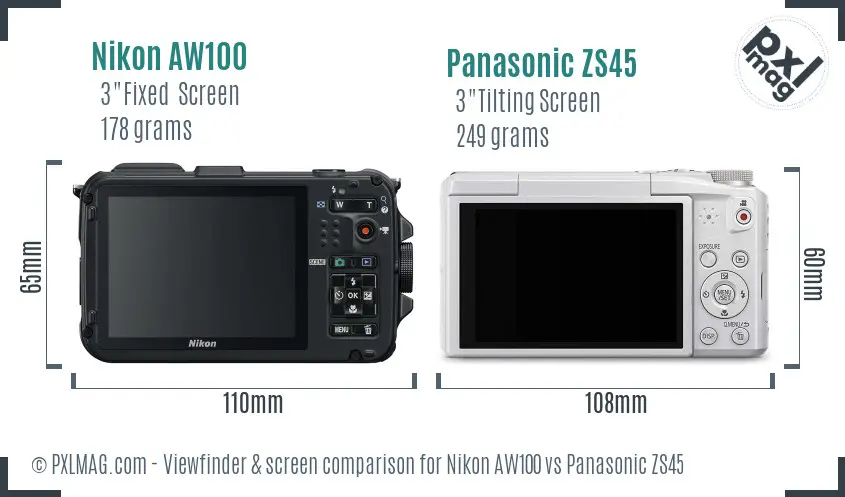 Nikon AW100 vs Panasonic ZS45 Screen and Viewfinder comparison