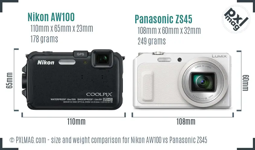 Nikon AW100 vs Panasonic ZS45 size comparison