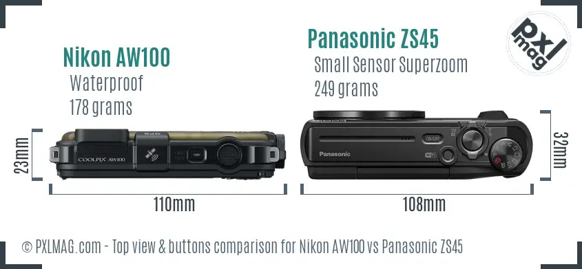 Nikon AW100 vs Panasonic ZS45 top view buttons comparison