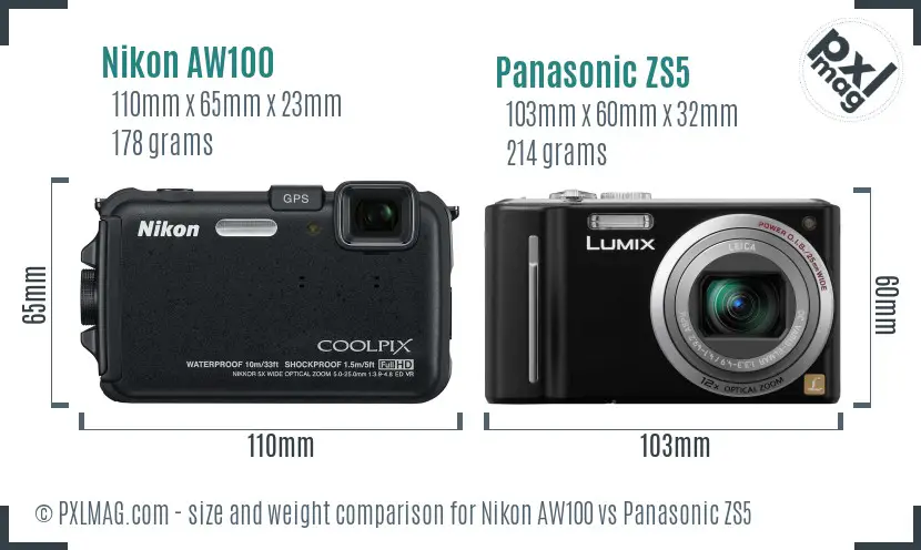 Nikon AW100 vs Panasonic ZS5 size comparison