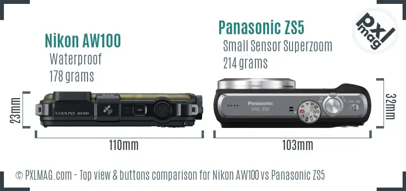 Nikon AW100 vs Panasonic ZS5 top view buttons comparison