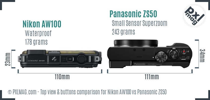 Nikon AW100 vs Panasonic ZS50 top view buttons comparison