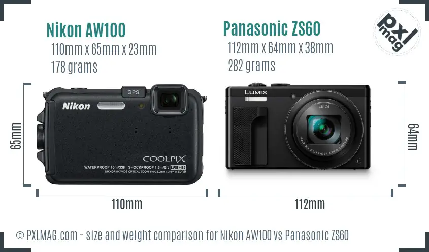 Nikon AW100 vs Panasonic ZS60 size comparison