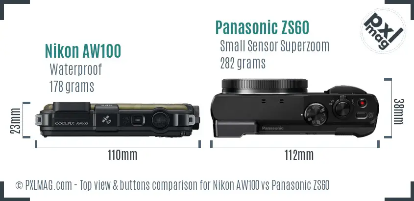 Nikon AW100 vs Panasonic ZS60 top view buttons comparison