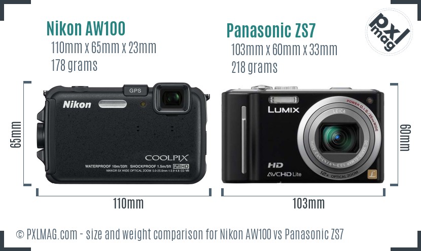 Nikon AW100 vs Panasonic ZS7 size comparison