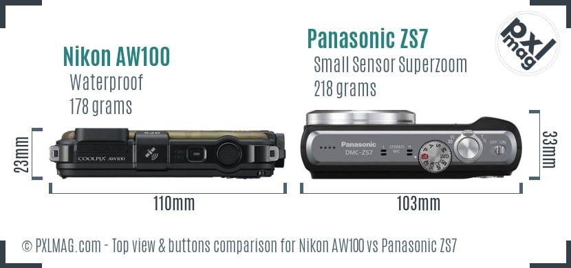 Nikon AW100 vs Panasonic ZS7 top view buttons comparison