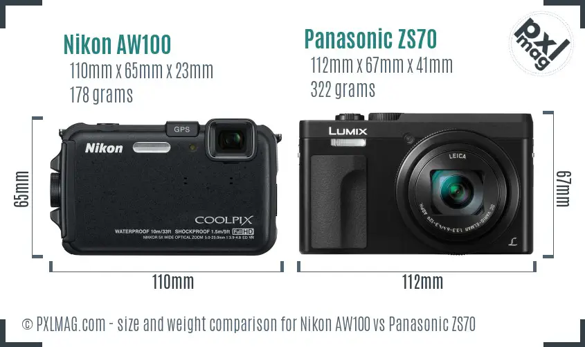 Nikon AW100 vs Panasonic ZS70 size comparison
