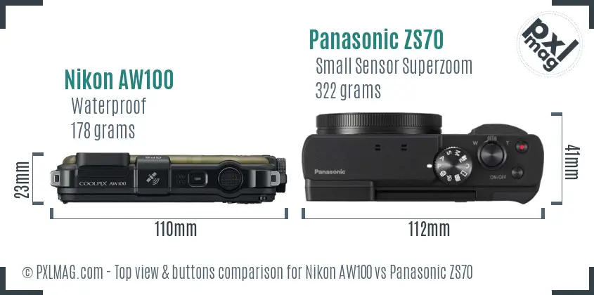 Nikon AW100 vs Panasonic ZS70 top view buttons comparison