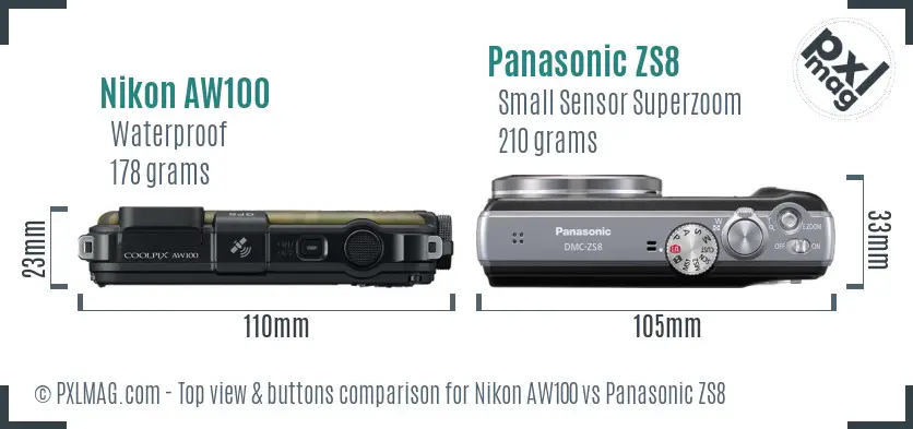 Nikon AW100 vs Panasonic ZS8 top view buttons comparison Nikon AW100 vs Panasonic ZS8 top view buttons comparison