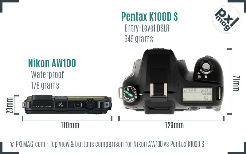 Nikon AW100 vs Pentax K100D S top view buttons comparison