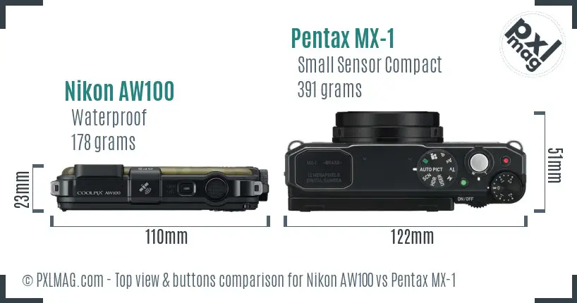 Nikon AW100 vs Pentax MX-1 top view buttons comparison