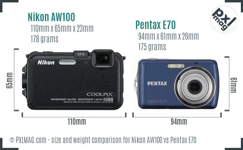 Nikon AW100 vs Pentax E70 size comparison