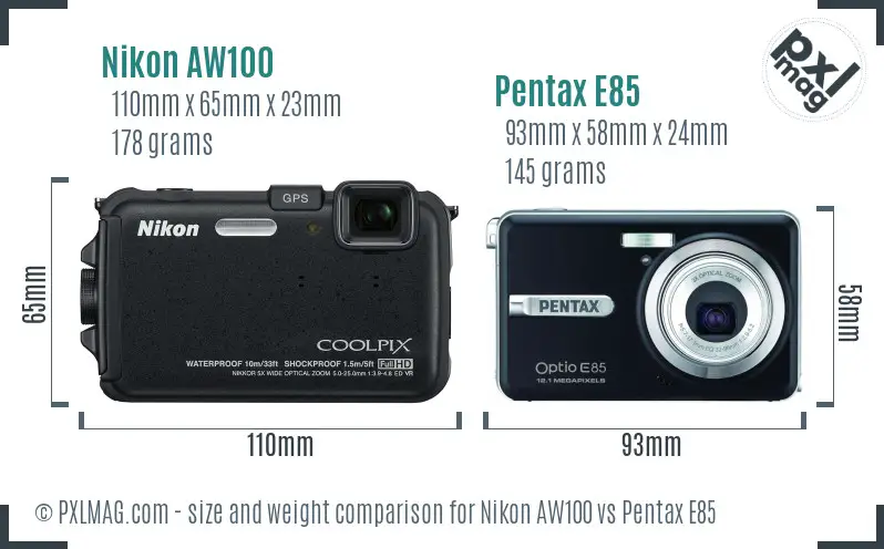 Nikon AW100 vs Pentax E85 size comparison