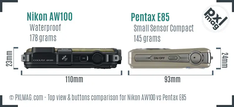 Nikon AW100 vs Pentax E85 top view buttons comparison