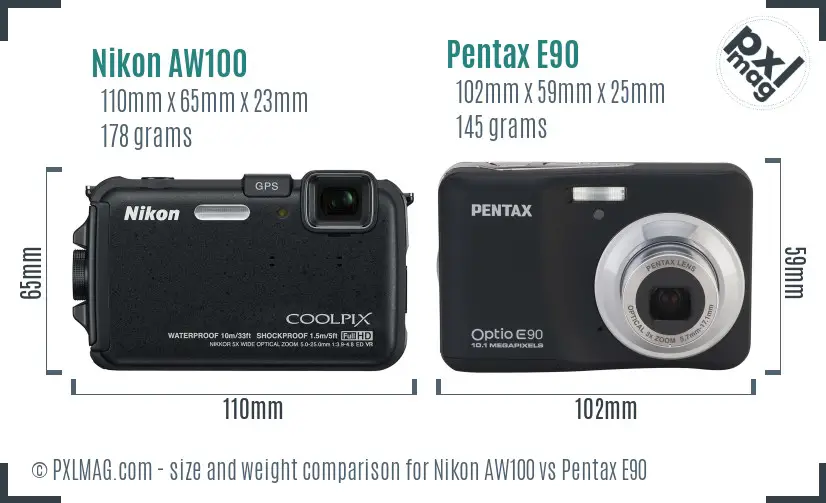 Nikon AW100 vs Pentax E90 size comparison