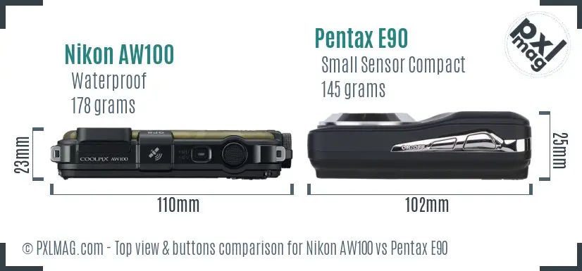 Nikon AW100 vs Pentax E90 top view buttons comparison