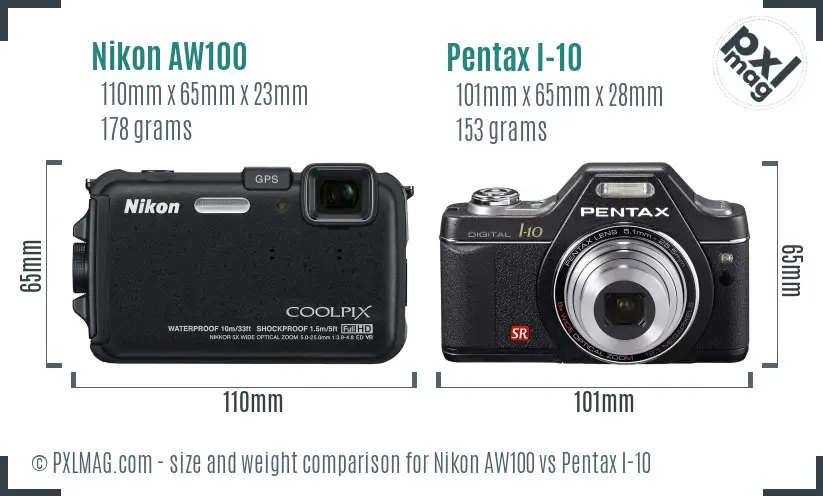 Nikon AW100 vs Pentax I-10 size comparison