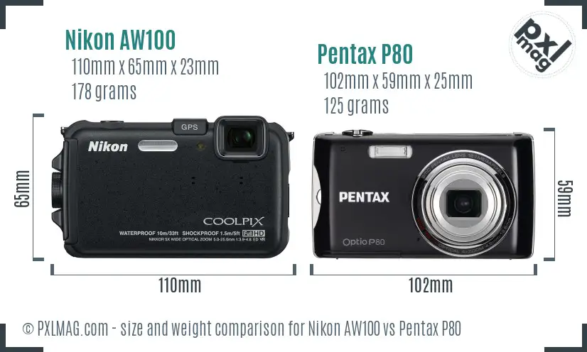 Nikon AW100 vs Pentax P80 size comparison