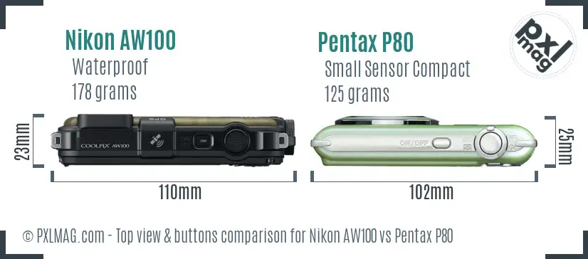 Nikon AW100 vs Pentax P80 top view buttons comparison