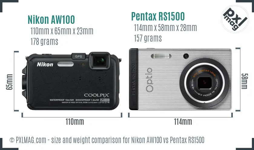 Nikon AW100 vs Pentax RS1500 size comparison