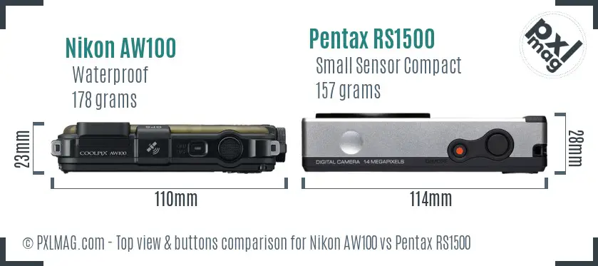 Nikon AW100 vs Pentax RS1500 top view buttons comparison