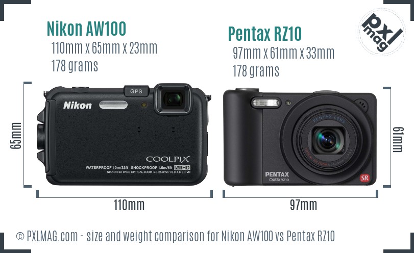 Nikon AW100 vs Pentax RZ10 size comparison Nikon AW100 vs Pentax RZ10 size comparison