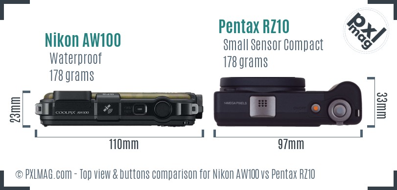 Nikon AW100 vs Pentax RZ10 top view buttons comparison