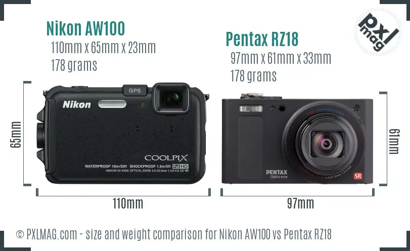 Nikon AW100 vs Pentax RZ18 size comparison
