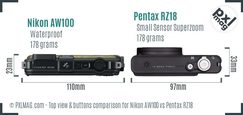 Nikon AW100 vs Pentax RZ18 top view buttons comparison