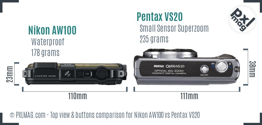 Nikon AW100 vs Pentax VS20 top view buttons comparison
