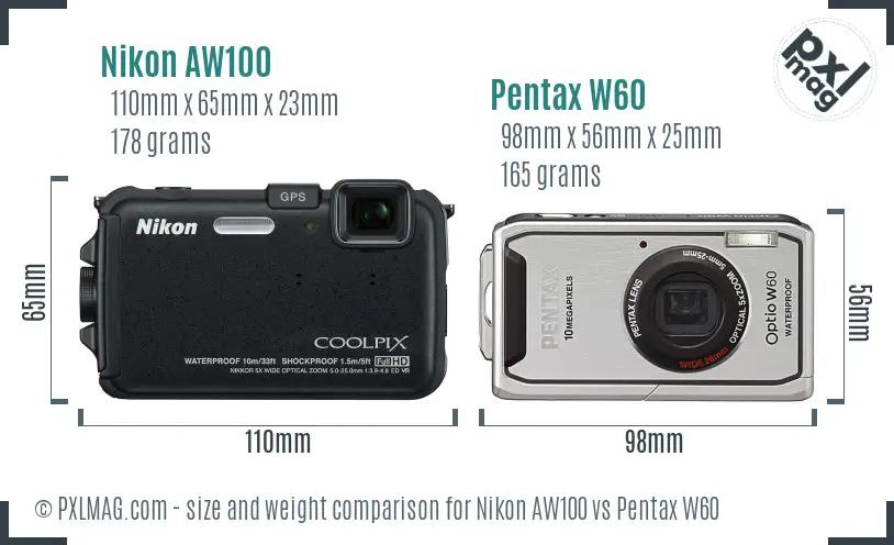 Nikon AW100 vs Pentax W60 size comparison