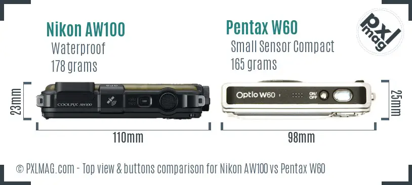 Nikon AW100 vs Pentax W60 top view buttons comparison