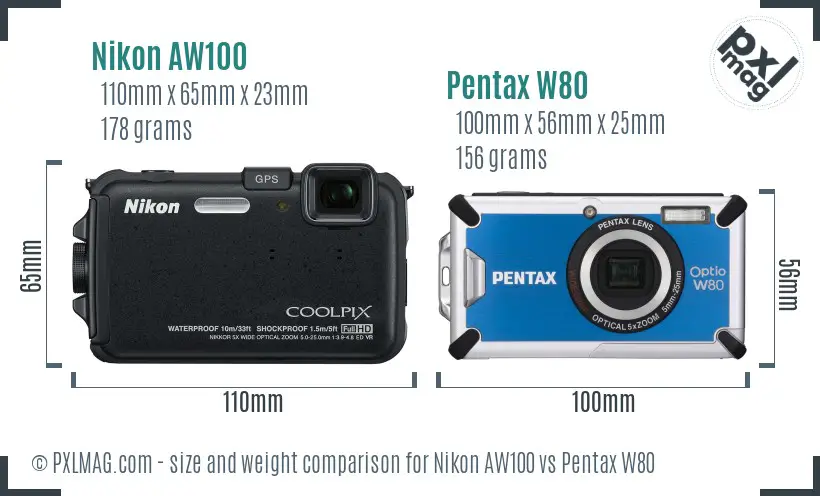 Nikon AW100 vs Pentax W80 size comparison