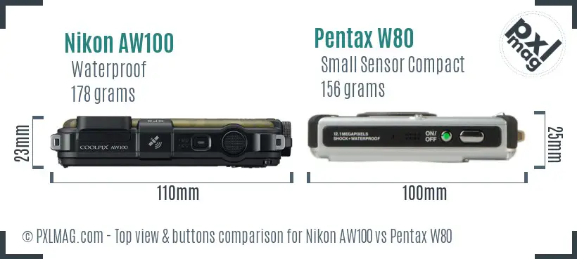Nikon AW100 vs Pentax W80 top view buttons comparison