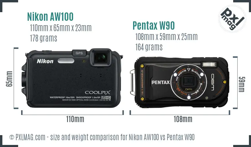 Nikon AW100 vs Pentax W90 size comparison