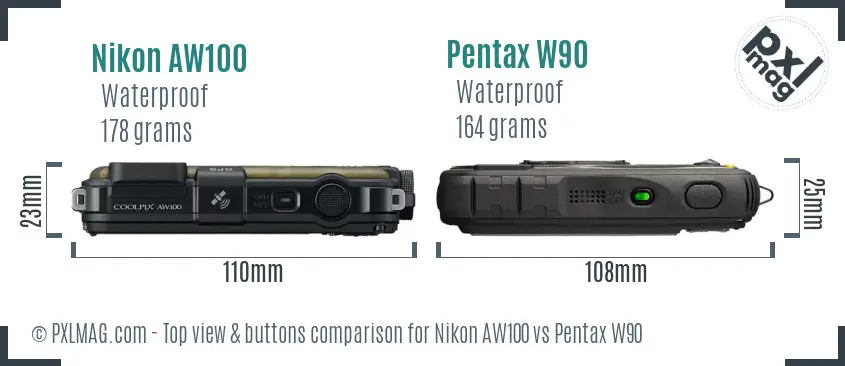 Nikon AW100 vs Pentax W90 top view buttons comparison