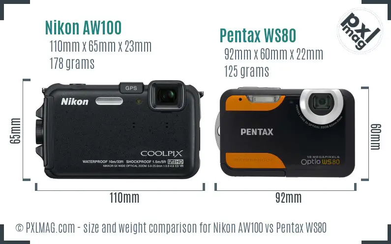 Nikon AW100 vs Pentax WS80 size comparison Nikon AW100 vs Pentax WS80 size comparison