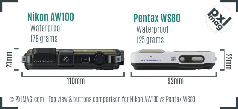 Nikon AW100 vs Pentax WS80 top view buttons comparison Nikon AW100 vs Pentax WS80 top view buttons comparison