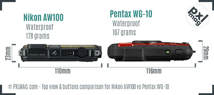 Nikon AW100 vs Pentax WG-10 top view buttons comparison