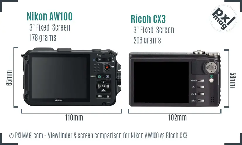Nikon AW100 vs Ricoh CX3 Screen and Viewfinder comparison