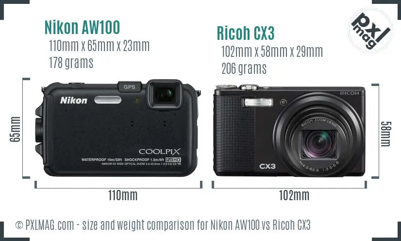 Nikon AW100 vs Ricoh CX3 size comparison