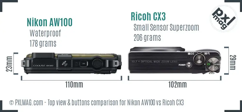 Nikon AW100 vs Ricoh CX3 top view buttons comparison