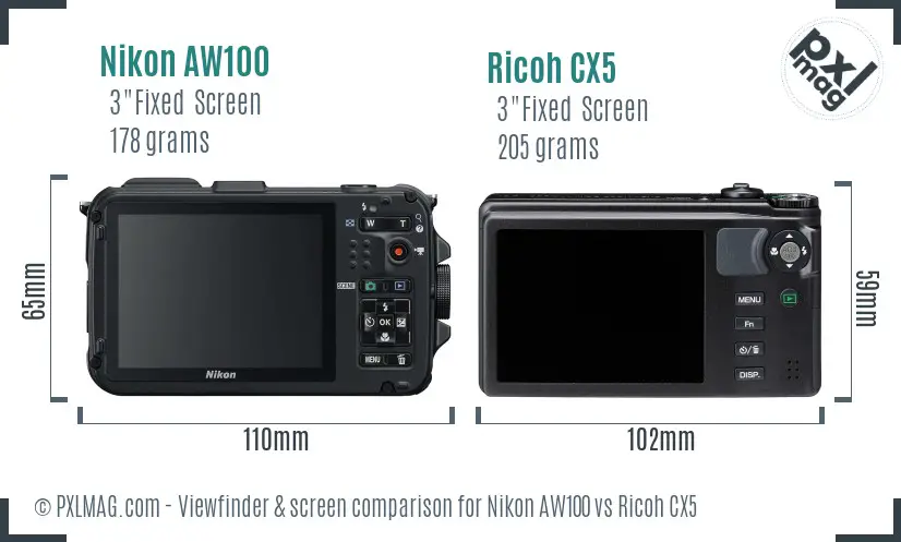 Nikon AW100 vs Ricoh CX5 Screen and Viewfinder comparison