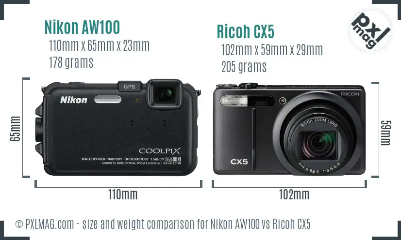 Nikon AW100 vs Ricoh CX5 size comparison