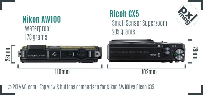 Nikon AW100 vs Ricoh CX5 top view buttons comparison